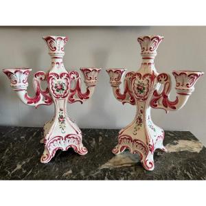 Pair Of Candlesticks From Henri Chaumeil (1877-1944) Desvres Strasbourg Decor. 