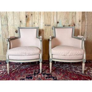 Pair Of Louis XVI Style Bergere Armchairs In Lacquered Wood.