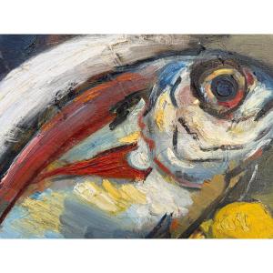 Emma Benoit "fish And Lemon" Oil On Canvas. 