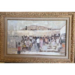 Kari Feuer Oil On Canvas "the Crowd On The Port". 