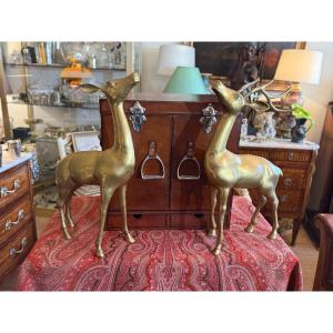 Pair Of Brass Stags And Doe. Hollywood Regency, 1970. 