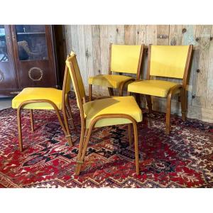 Steiner "bow Wood". Set Of Four Curved Ash Chairs. 