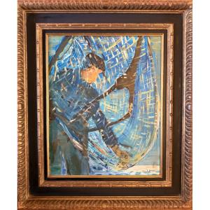 Françoise Bruck (1938- ) "the Fisherman" Oil On Canvas. 