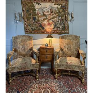 Pair Of Louis XIV Style Armchairs In Gilded Wood. 