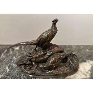 Auguste-nicolas Caïn (1822-1894). Pair Of Nesting Pheasants. 