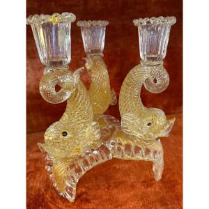 Chandelier With Three Dolphins In Murano Glass, Signed Barovier And Toso.