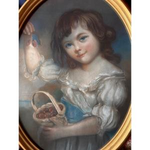 Oval Pastel, 19th Century, "the Child With The Basket Of Cherries". 