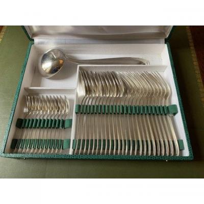 Art Deco Cutlery Set In Silver Metal.