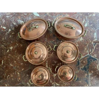 Set Of Six Copper Casseroles From The House L. Lecellier Villedieu Les Poêles.