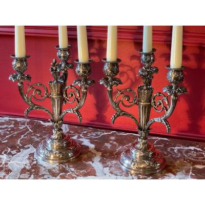 Pair Of Candelabra Or Candlesticks In Silver Bronze Louis XVI Style.