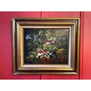 Oil On Canvas, Still Life With Fruits And Flowers. XXth.