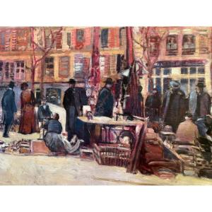 « le Marché Aux Puces » Par Patrice Landauer.  Grande Huile Sur Panneau,  1m 90 De Long. 