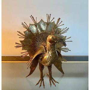Peacock In Golden Brass In The Spirit Of Jacques Duval- Brasseur (1934 -2021)