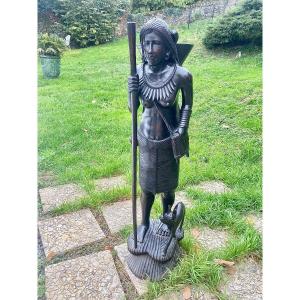 Wooden Sculpture Of A Young Woman And Her Dog, From The Philippines, Circa 50