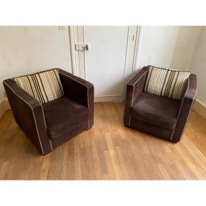 Pair Of Comfortable Italian Nubuck Club Armchairs