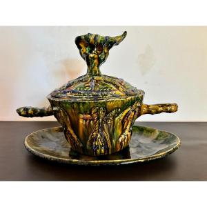 Soup Tureen And Its Dish Signed Gerlou, Unique Piece In Vallauris