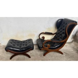 Rocking Chair And Its Black Leather Ottoman 
