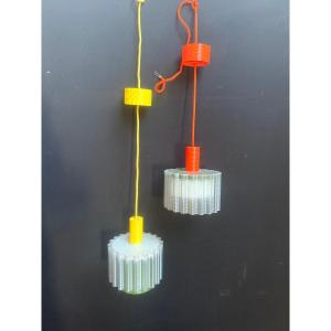 Pair Of Colored Plastic Pendant Lights 
