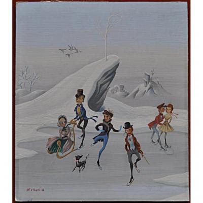 Gouache On Cardboard Signed Dated