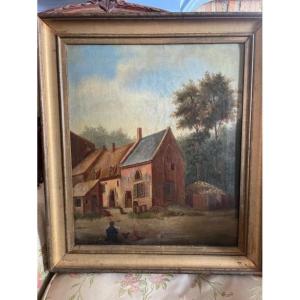 Charming Oil On Canvas Depicting A Village, 19th Century