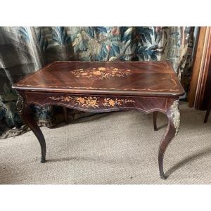 Center Table, Marquetry Desk With Louis XV Style Flower And Foliage Decoration