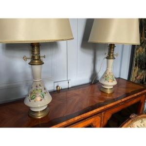 Pair Of Polychrome Opaline Oil Lamps With Floral Decoration, 19th Century