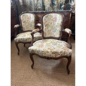 Pair Of 18th Century Armchairs In Natural Wood From The Louis XV Period