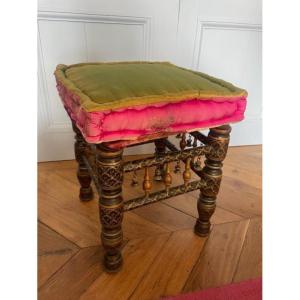 Curious Stool In Blackened And Gilded Wood With Neo-gothic Decoration.