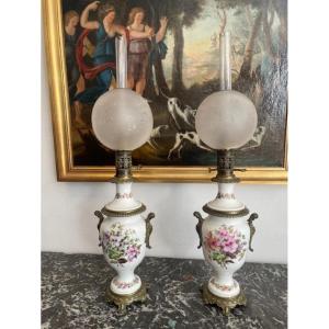 Pair Of Paris Porcelain Oil Lamps, Mid-19th Century