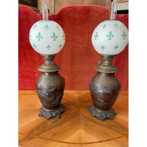 Pair Of Japanese Bronze Lamps With Medal Patina And Acid-etched Fleur-de-lis Globe