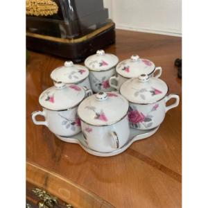 White Porcelain Cream Service With Silver And Pink Trim.