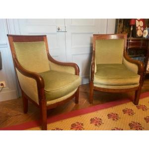 Large And Comfortable Pair Of Natural Wood Armchairs From The Empire Period