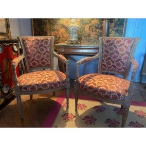 Pair Of Directoire Period Armchairs In Cream Lacquered Wood