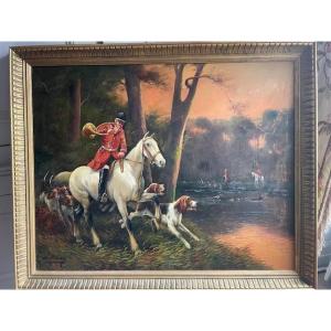 Oil On Panel Depicting A Hunting Party