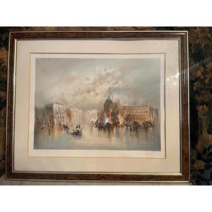 Large Lithograph "fire In Venice" By Jean-michel Noquet