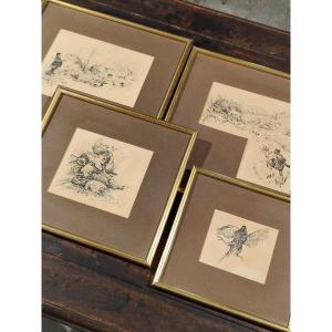 François Masson (1918) Series Of Ink Drawings Shooting Hunting Scene And Trophies