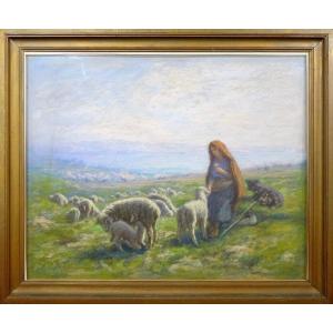 Théo Mayan (1860-1936) Pastel Pastoral Scene "spring Morning" 80 X 65 