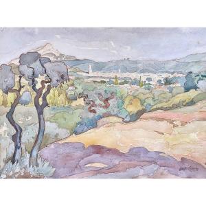  Camille Coste Linder (1874-1944) Watercolor Aix En Provence And Sainte Victoire 56 X 38 Cm