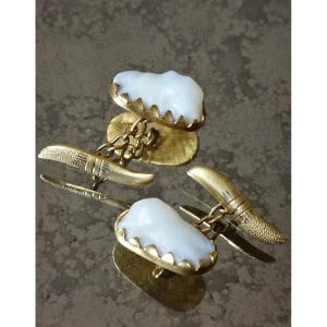 18k Gold Marine Talisman Machete Buttons And Otoliths Mounted As Amulets, 19th Century