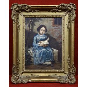Jean Marie Melchior Doze (1827–1913) Oil On Wood Portrait Of A Girl With A Hen, 1853