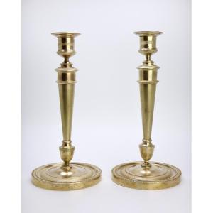Pair Of Bronze Candlesticks In The Antique Style, Directoire Period, 18th Century