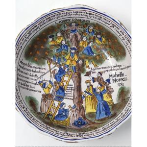  Nevers Earthenware Salad Bowl "patronymique à l'Arbre d'Amour " Circa 18th Century 1781