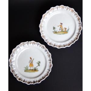 Manufacture De Lyon Pair Of Plates In 18th Century Polychrome Earthenware