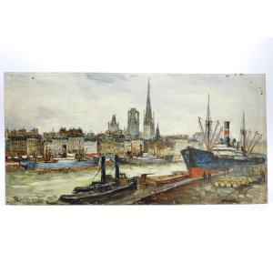 Frank Will (1900-1951) Oil On Wood "the Port Of Rouen In Normandy"
