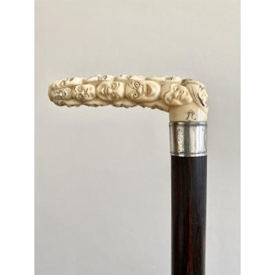 Cane With Knob In Carved Ivory Decorated With Masks Of The Noh Theater Japan 19th Century