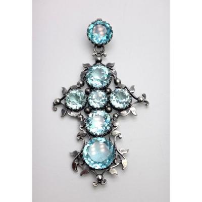 Pectoral Regional Cross In Pale Blue Rhinestones XIXth Century