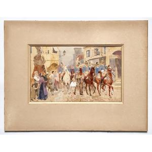 Ludwig Koch (1866-1934) Watercolour Scene Of Soldiers On Horseback 19th Century