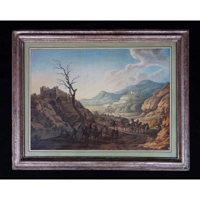 Watercolor Of A Convoy Attacked-18th Century