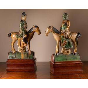 Pair Of Sancai-glazed L Roof Tiles, Ming Dynasty