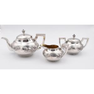 Tea Coffee Service In Sterling Silver China Circa 1900 Decorated With Dragons